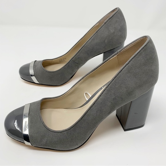 gray block heel pumps
